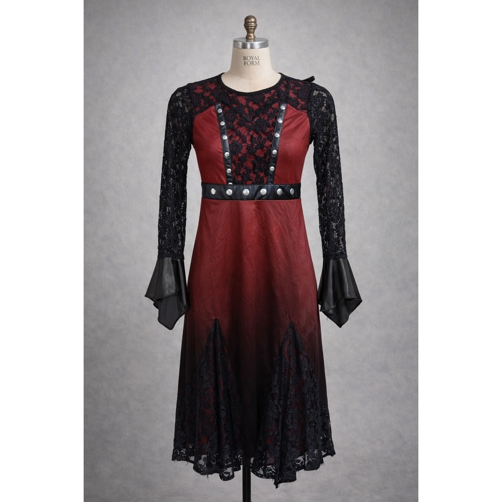 Girls Vampire Costume Dress Red Black Ombre Lace Studded Goth Halloween Sm‎ 4-6